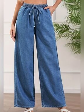 Wide Leg Drawstring Denim Pants - Blue # 023705